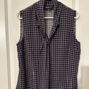 JONES NYC NAVY BLUE AND BURGUNDY PLAID BLOUSE